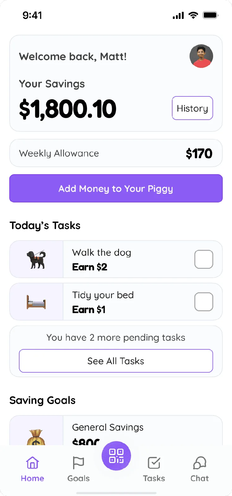 Pantalla de inicio de la app Piggy Wallet