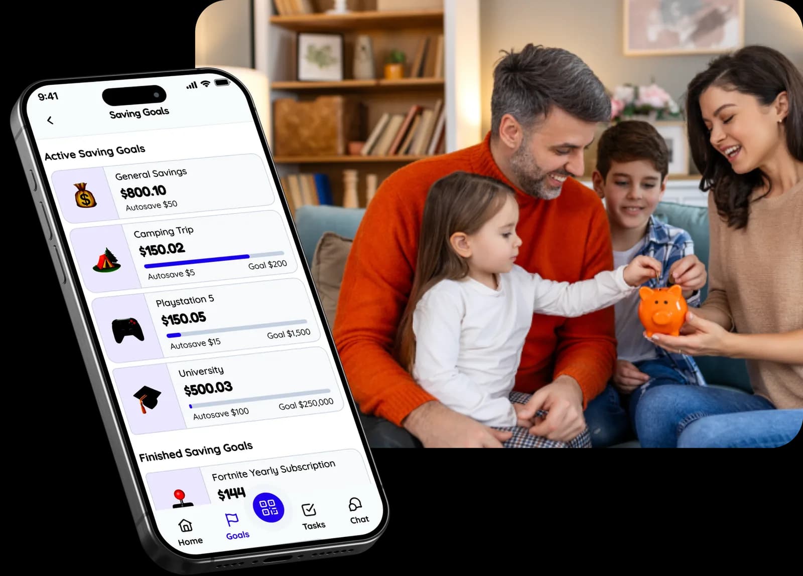 Family reviewing their saving goals