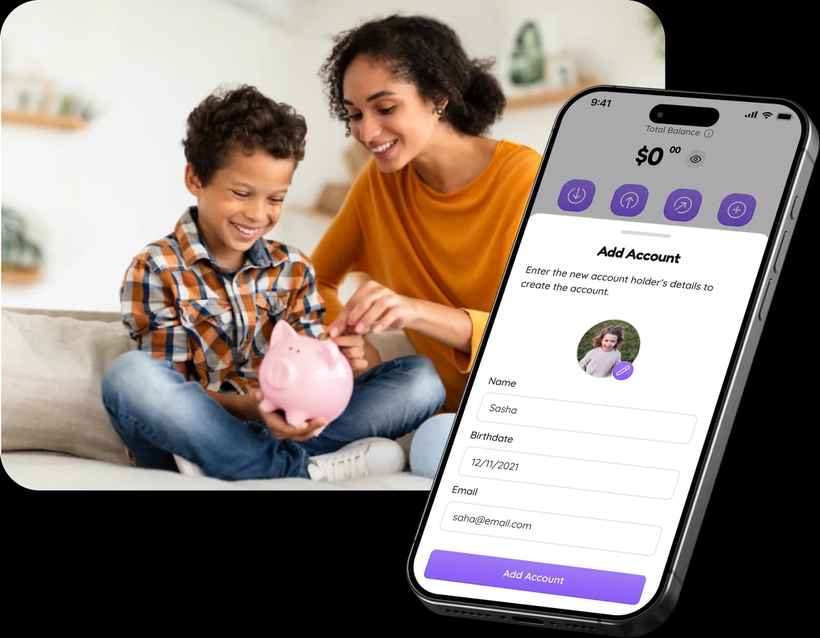 Mother and son creating a Piggy Wallet account